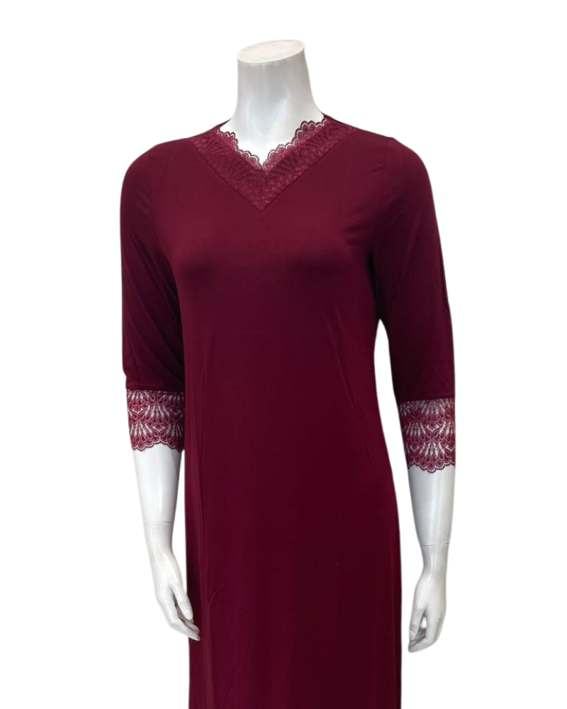 Oh! Zuza M4508 Red Wine Modest V Lace Modal Nightshirt Myselflingerie.com