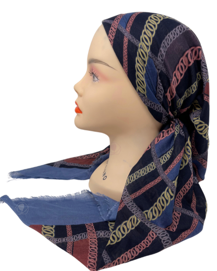 It's Younique OB-CHAI-BL Rows of Chains Blue Border Pre-Tied Open Back Bandanna with Velvet Grip Myselflingerie.com