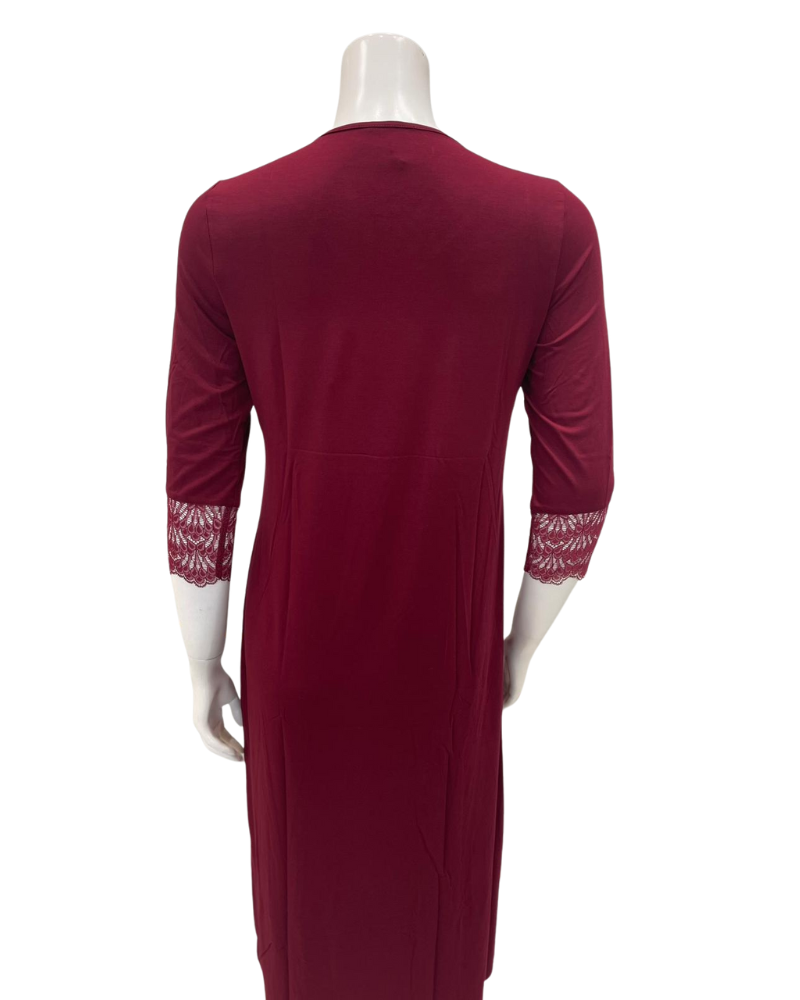 Oh! Zuza M4508 Red Wine Modest V Lace Modal Nightshirt Myselflingerie.com