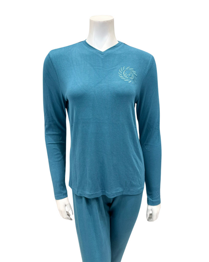 Angelice C-7143 Denim Blue Emblem Ribbed V Neck Modal Pajamas Set Myselflingerie.com