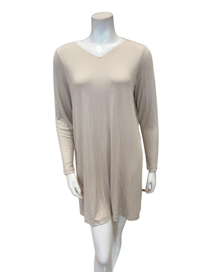 Jackie O'Loungewear NS-L/S-ECR Ecru Ribbed V Neck Lace Long Sleeves Modal Nightshirt Myselflingerie.com