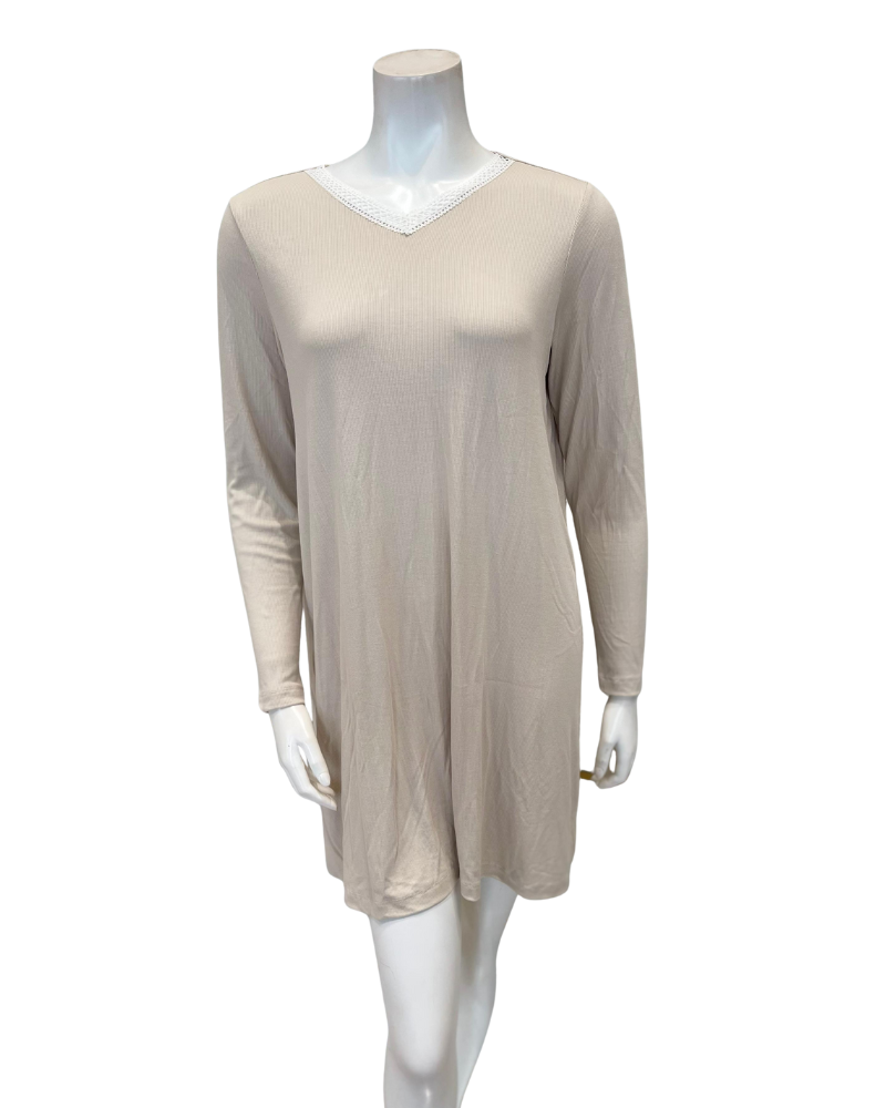 Jackie O'Loungewear NS-L/S-ECR Ecru Ribbed V Neck Lace Long Sleeves Modal Nightshirt Myselflingerie.com