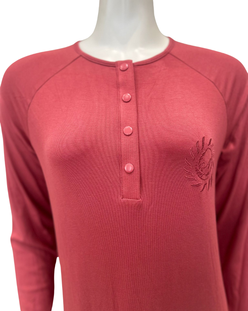 Angelice S-7142 Rosewood Logo Snaps Ribbed Modal Nightgown Myselflingerie.com