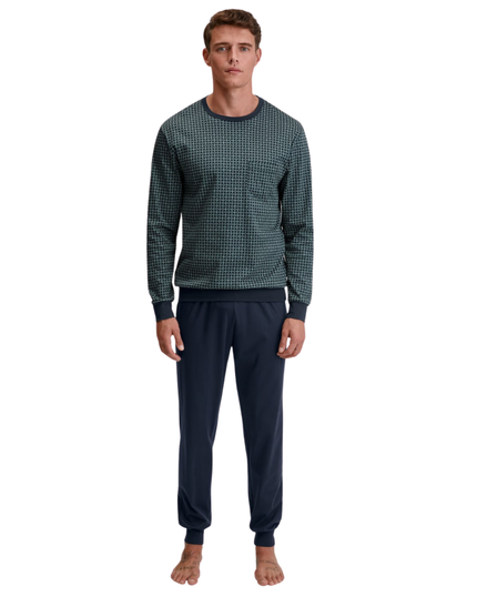 Calida 41282 #549 Dark Glen Relax Comfy Men's 100% Cotton Pajamas Set with Cuff Myselflingerie.com