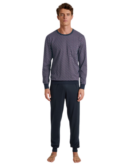 47480 #116 Mars Red Relax Imprint Men's 100% Cotton Pajamas Set with Cuff