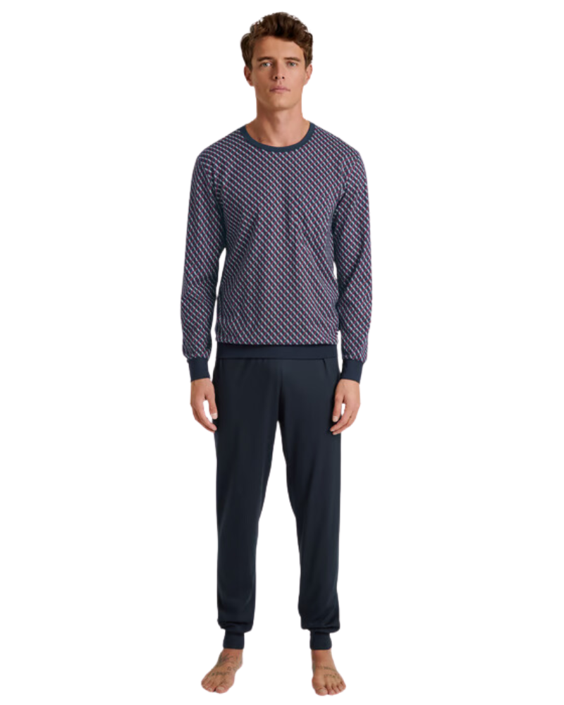 47480 #116 Mars Red Relax Imprint Men's 100% Cotton Pajamas Set with Cuff