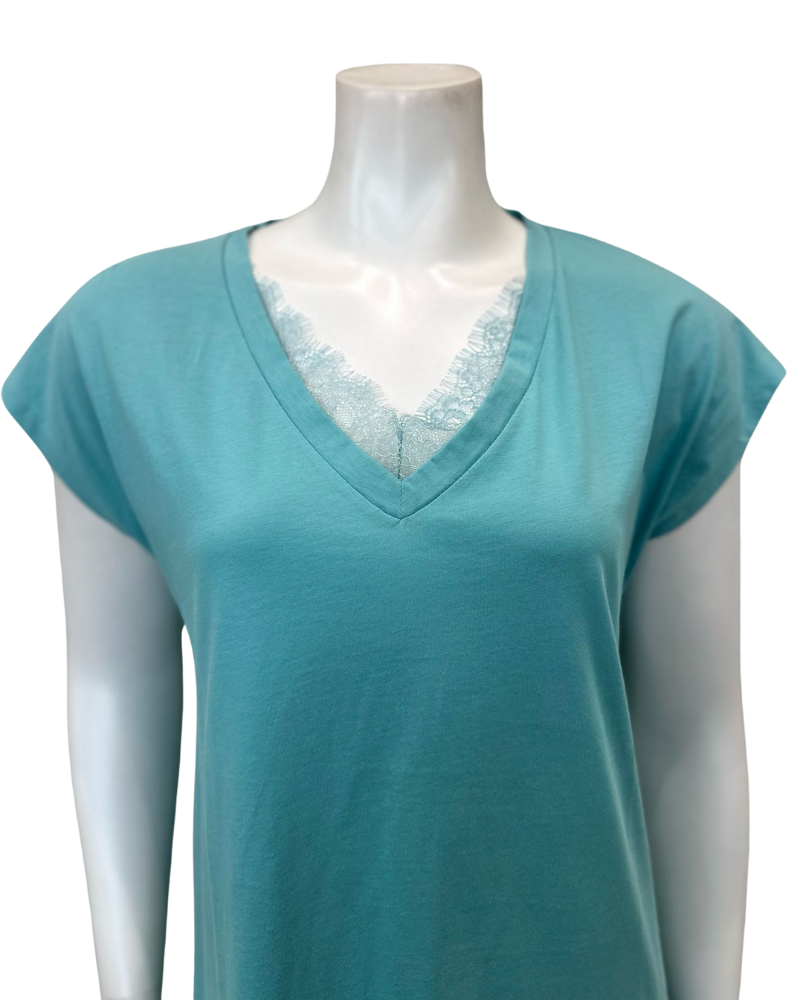 Iora Lingerie 25114 Wedgewood Blue V Lace Trim Cap Sleeve 100% Organic Cotton Nightshirt Myselflingerie.com