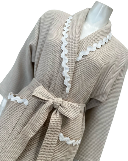 Iora Lingerie 25309C Beige 100% Cotton Waffle Wrap Robe with Trim Myselflingerie.com