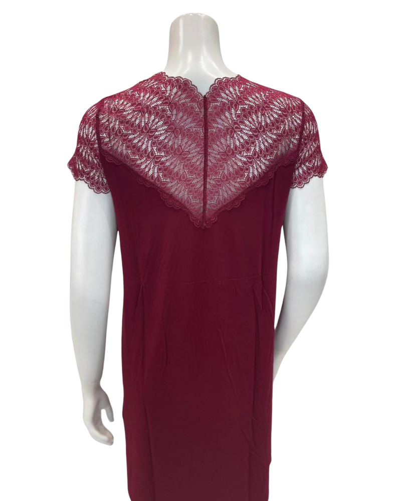 Oh! Zuza 4515 Red Wine Sheer Lace Neck Modal Nightshirt Myselflingerie.com