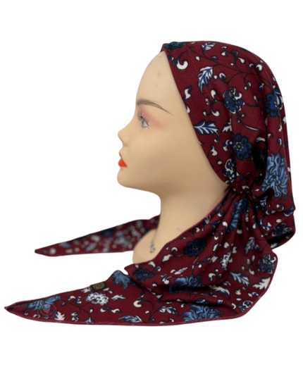 Cherie HA-FLRKN-BGYNY Burgundy/Navy Floral Knit Adjustable Pre-Tied Bandanna Myselflingerie.com