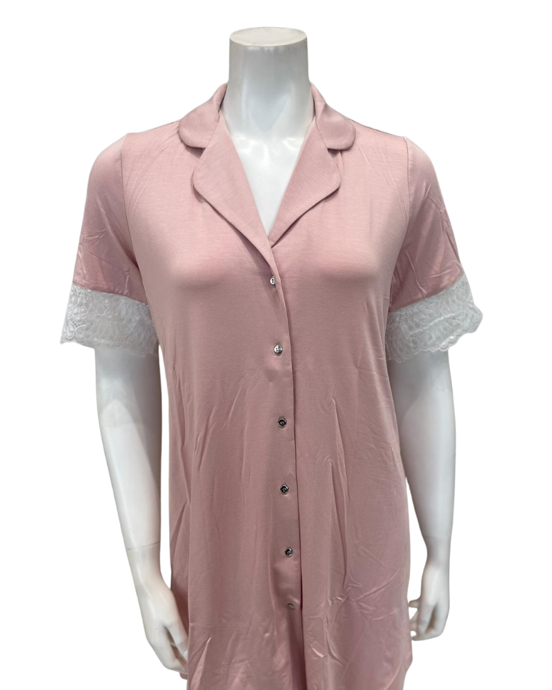 Oh! Zuza 4507 Dusty Pink Collar with Lace V Neck Modal Nightshirt Myselflingerie.com