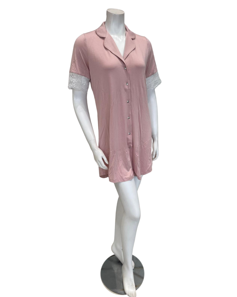 Oh! Zuza 4507 Dusty Pink Collar with Lace V Neck Modal Nightshirt Myselflingerie.com