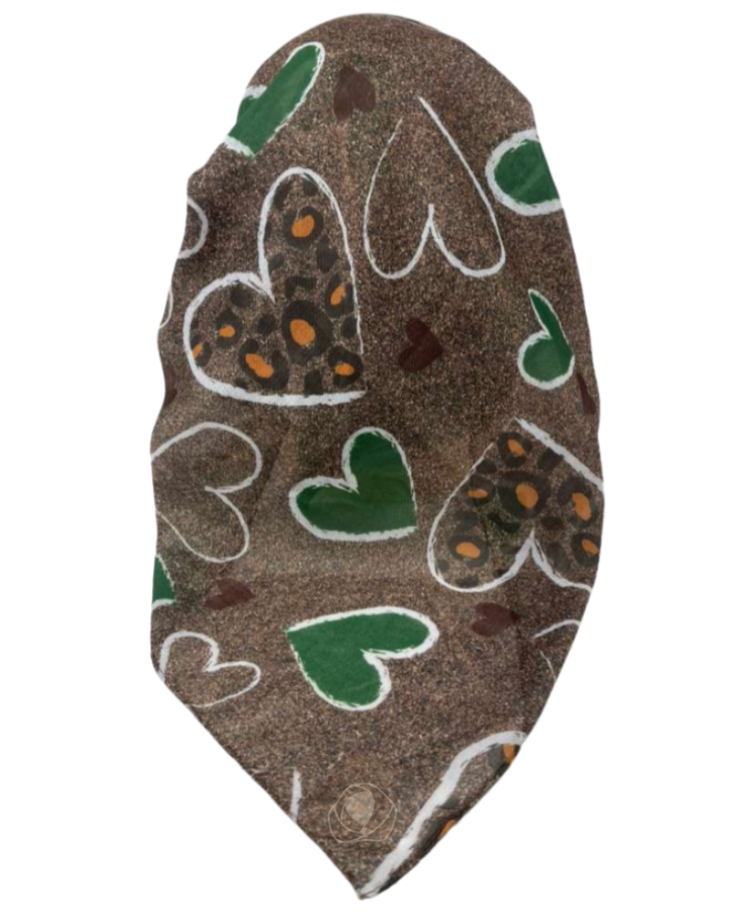 OB-BR-HELE Rustic Leopard and Hearts Brown Pre-Tied Open Back Bandanna with Velvet Grip