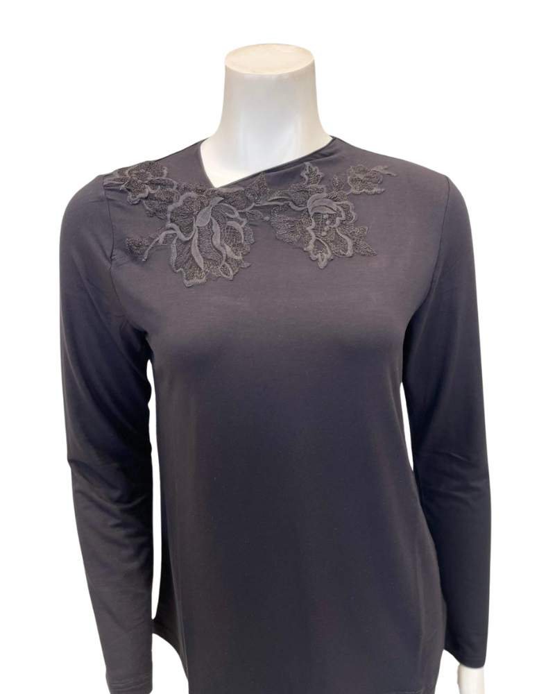 Verdiani 4438 Black Slanted V Lace Applique Modal Pajamas Set Myselflingerie.com