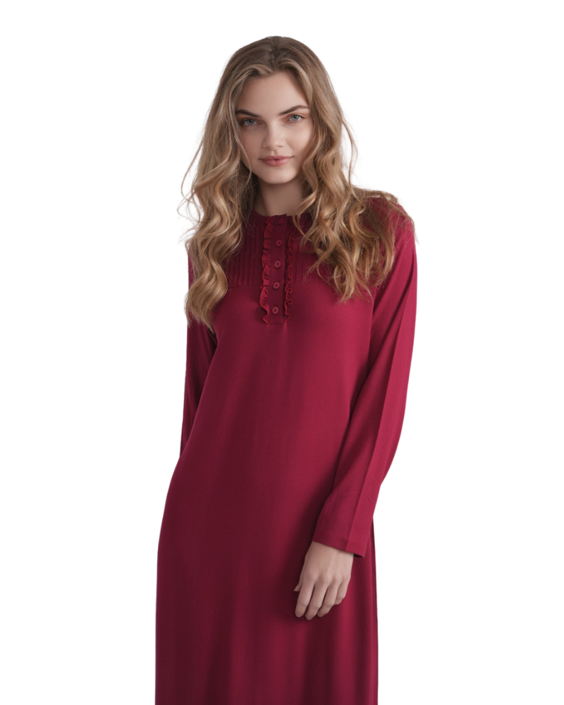 Ellwi 1325 Ruffle Design Red Button Down Cotton Nightgown Myselflingerie.com