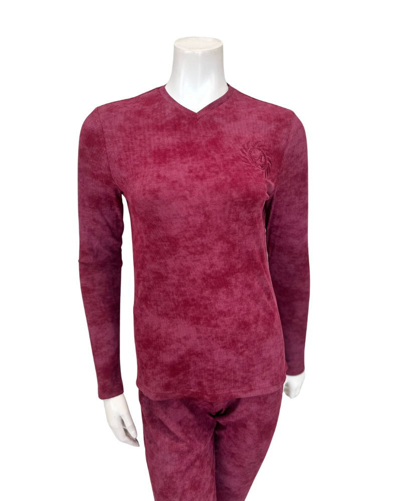 Angelice S-7143 Merlot Emblem Ribbed V Neck Modal Pajamas Set Myselflingerie.com