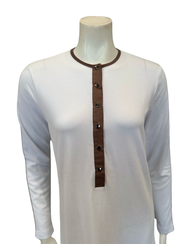 Nico Italy AN823WT White with Tan Trim Snap Front Cotton Nightgown Myselflingerie.com