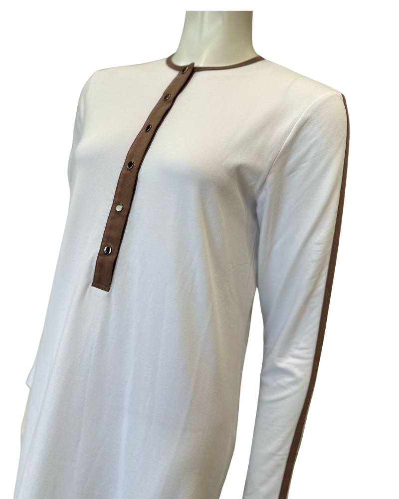 Nico Italy AN823WT White with Tan Trim Snap Front Cotton Nightgown Myselflingerie.com