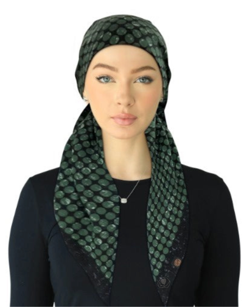 Cherie SPC323A-GN/NY Green/Navy Metallic Dot Design Adjustable Closed Back Pre-Tied Bandanna Myselflingerie.com