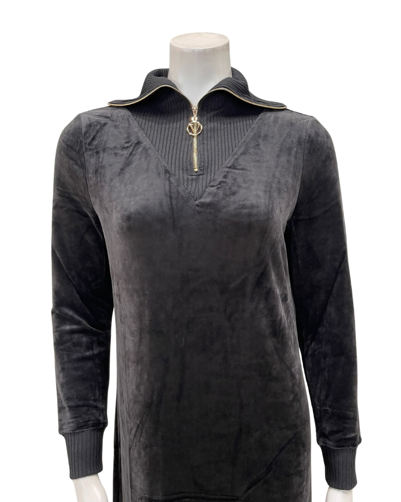 ORD DRP26W7026 Black Velour Zipper Lounger with Ribbed Collar Myselflingerie.com