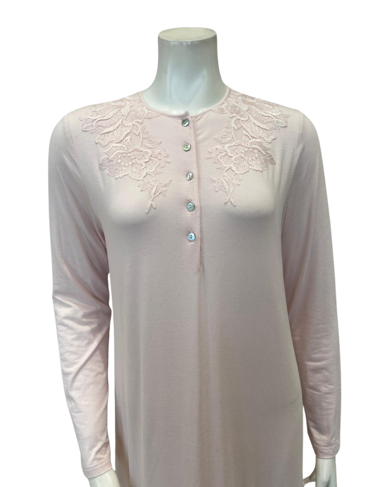 Verdiani 4437 Soft Pink Lace Applique Button Down Modal Nightgown Myselflingerie.com