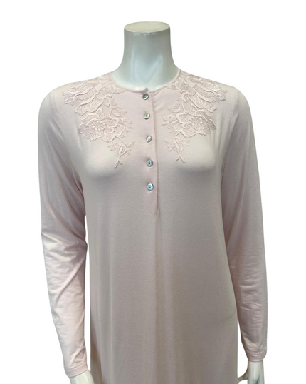 Verdiani 4437 Soft Pink Lace Applique Button Down Modal Nightgown Myselflingerie.com