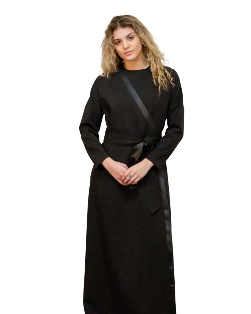 Chicolli LR6073-24 Black Basic Closed Scuba Morning Wrap Robe with Silk Trim myseldlingerie.com