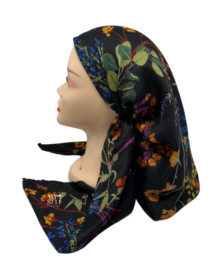 Cherie SP248BKM Black/Multi Floral Pre-Tied Open Back Bandanna myselflingerie.com