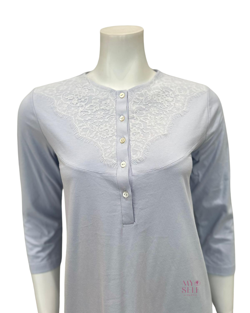 Iora Lingerie 23124AC Powder Blue Lace Neck Detail Button Down 100% Organic Cotton Nightgown myselflingerie.com
