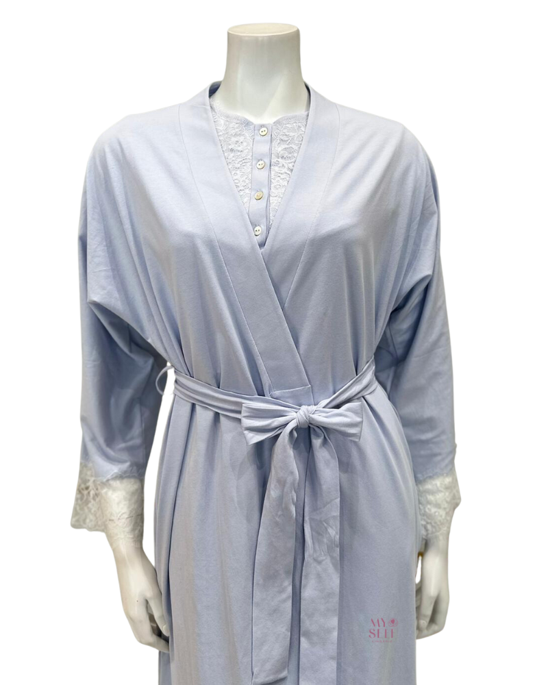 Iora Lingerie 23317AC Powder Blue Lace Sleeve Detail 100% Organic Cotton Wrap Robe myselflingerie.com