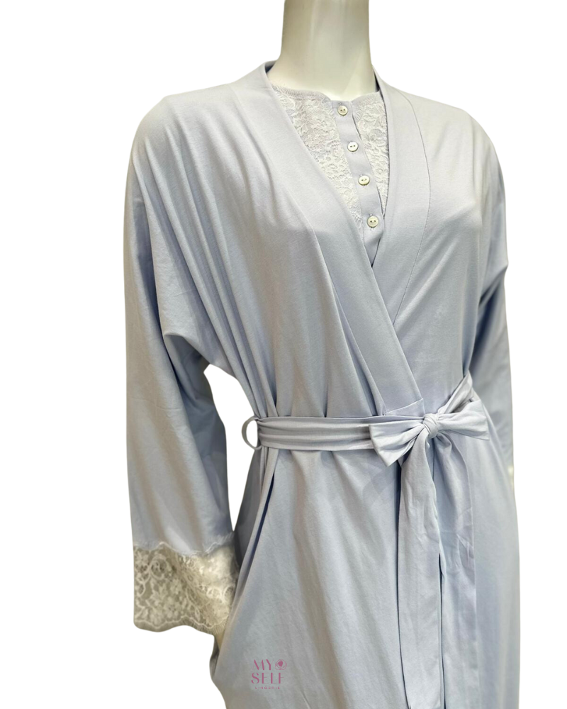 Iora Lingerie 23317AC Powder Blue Lace Sleeve Detail 100% Organic Cotton Wrap Robe myselflingerie.com