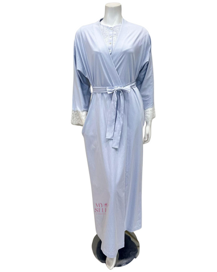 Iora Lingerie 23317AC Powder Blue Lace Sleeve Detail 100% Organic Cotton Wrap Robe myselflingerie.com