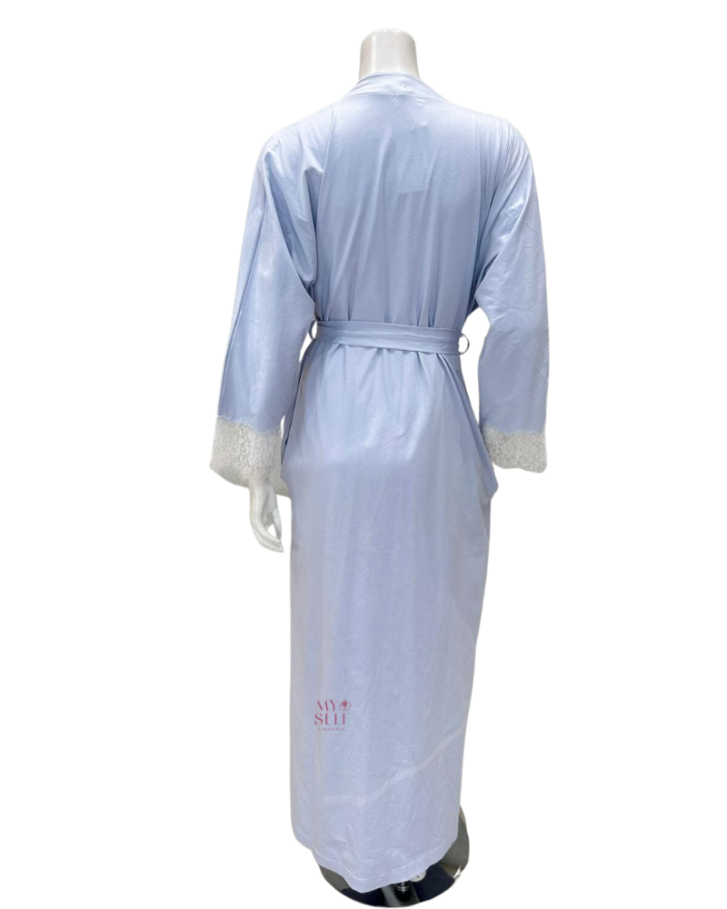 Iora Lingerie 23317AC Powder Blue Lace Sleeve Detail 100% Organic Cotton Wrap Robe myselflingerie.com