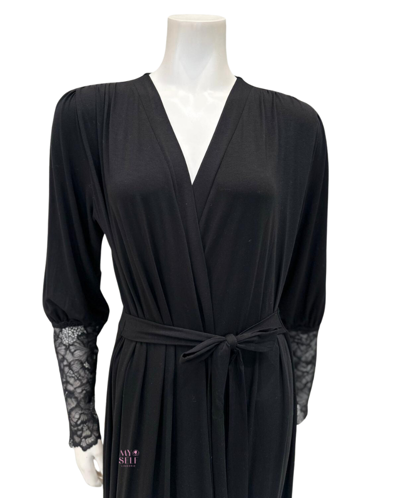 Oh! Zuza 4011 Black Lace Modal Morning Robe myselflingerie.com