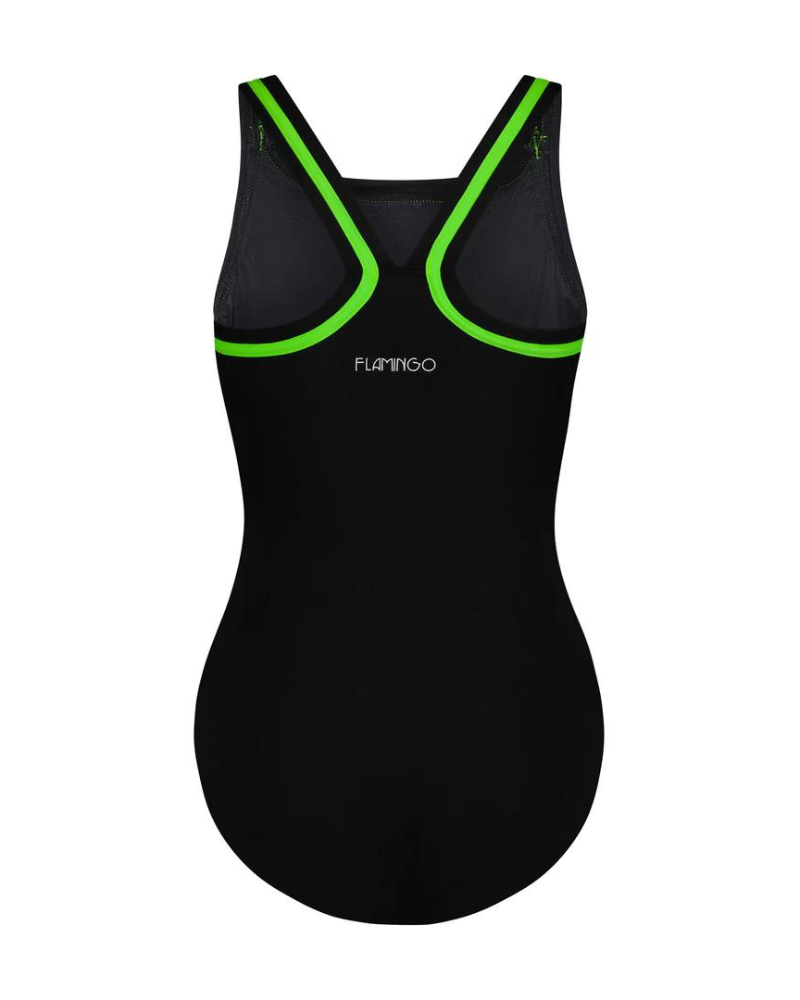 Flamingo BSSN Neon Green Trim Black Bathing Suit Slim Fit Removable Cups myselflingerie.com