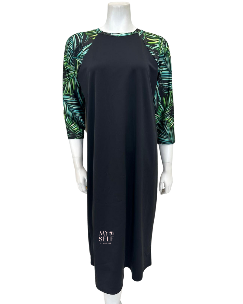 Undercover Waterwear R23-LD-GL Green Leaf Print Sleeve Swim Dress (Plus Sizes) myselflingerie.com