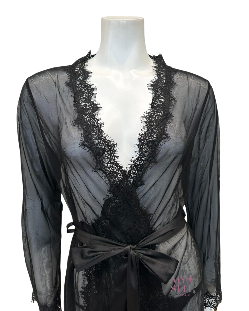 Oh La La Cheri 94-11136X Black Whip Eyelash Sheer Lace Robe with G-String myselflingerie.com