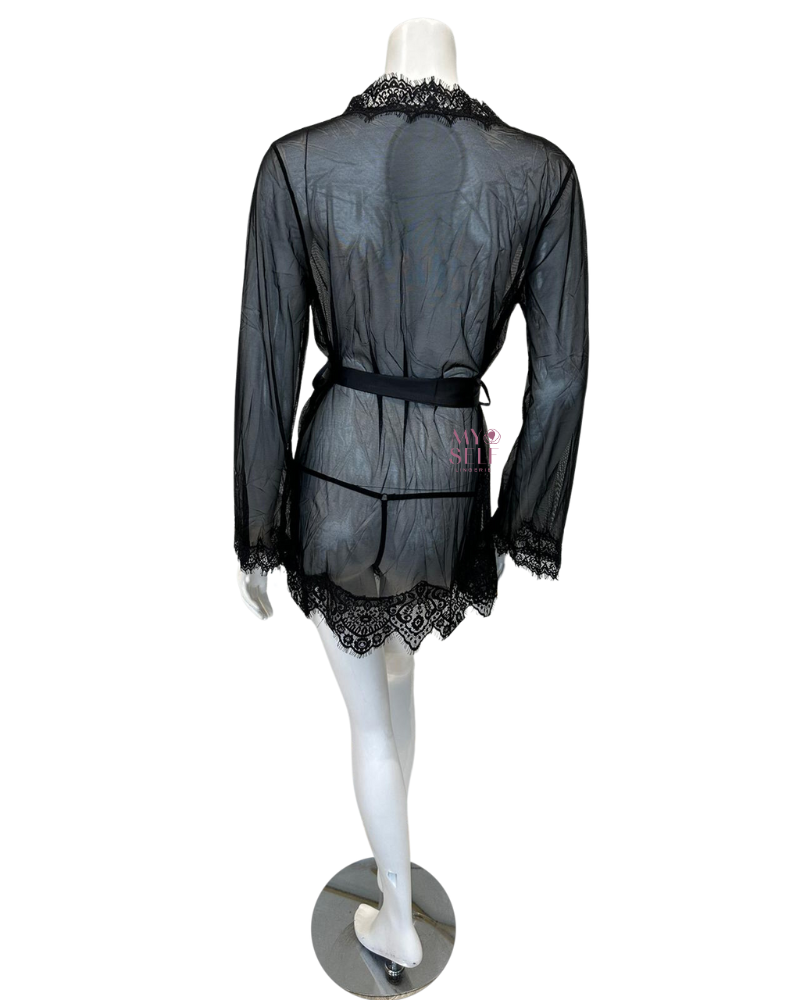 Oh La La Cheri 94-11136 Black Whip Eyelash Sheer Lace Robe with G-String myselflingerie.com