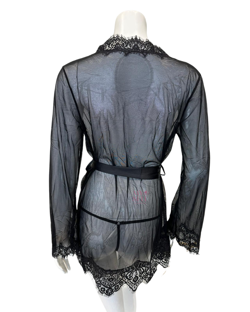 Oh La La Cheri 94-11136 Black Whip Eyelash Sheer Lace Robe with G-String myselflingerie.com