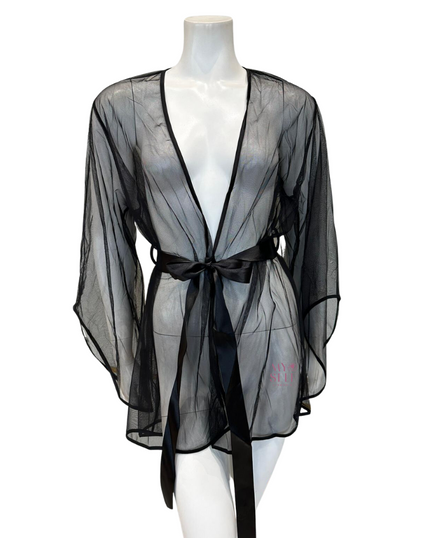 Oh La La Cheri 94-11174 Black Tulle Short Robe and Satin Sash myselflingerie.com