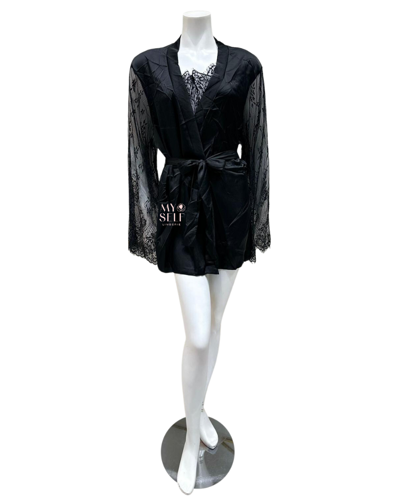 Oh La La Cheri 40-11440 Black Lace Teddy & Satin Robe with Lace Sleeves myselflingerie.com