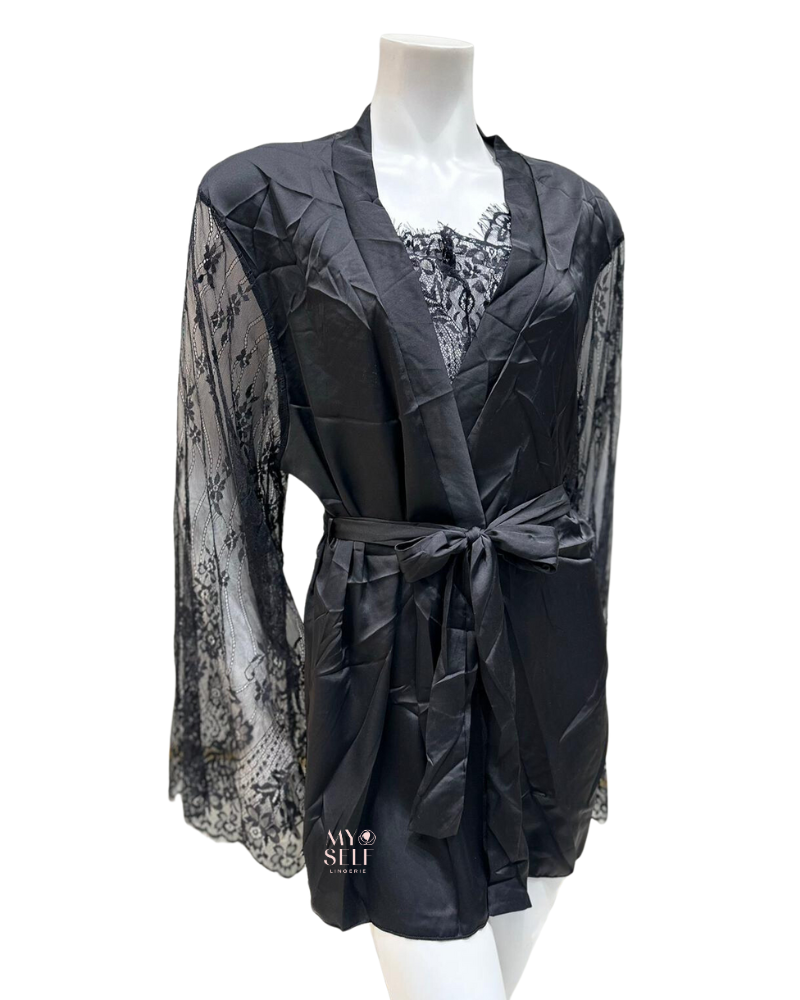 Oh La La Cheri 40-11440 Black Lace Teddy & Satin Robe with Lace Sleeves myselflingerie.com