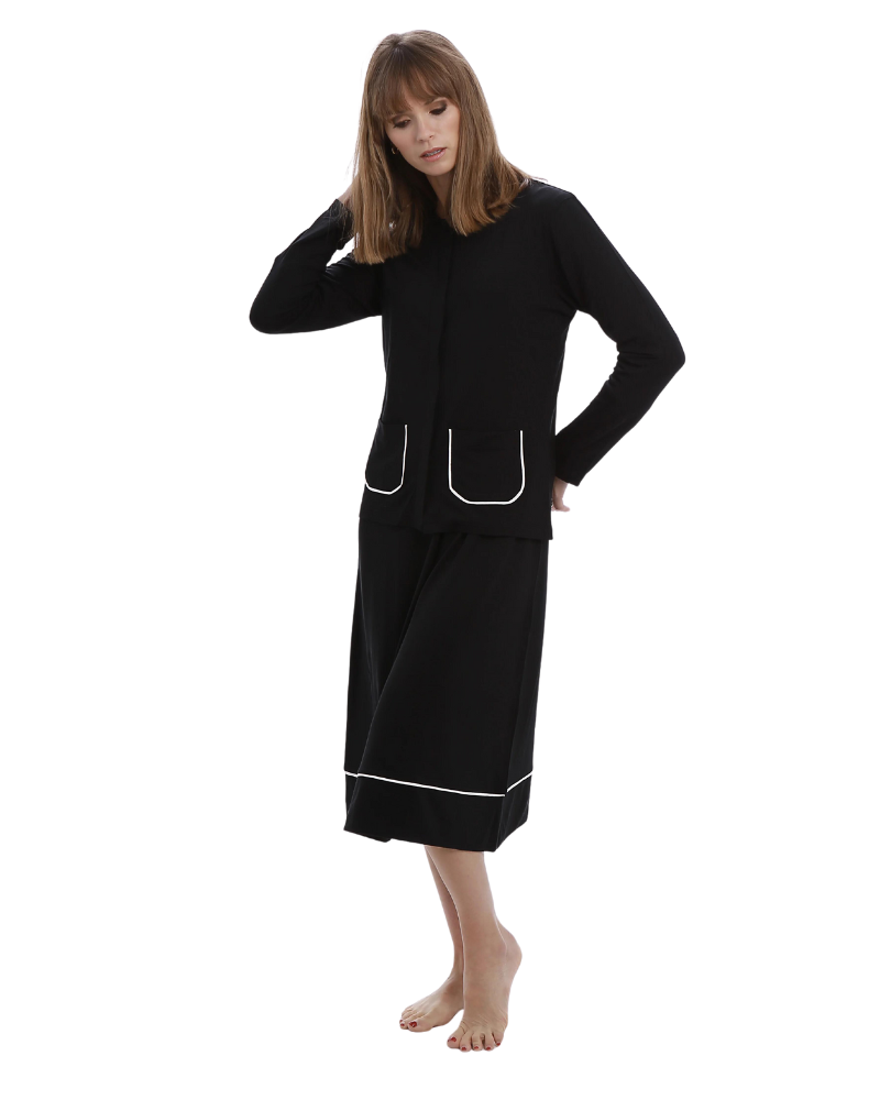 Rojo London Tudor Short Embroidered Black Button Down Modal Nightshirt & Hoodie Set myselflingerie.com