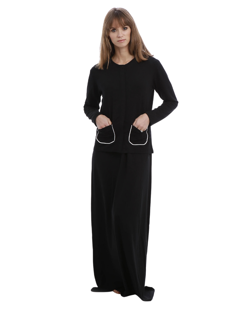 Rojo London Tudor Embroidered Black Button Down Modal Nightgown & Hoodie Set myselflingerie.com