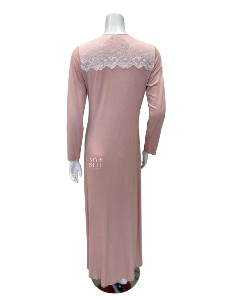 Mari M. 30488 Lace Insert Pink Button Down Modal Nightgown myselflingerie.com