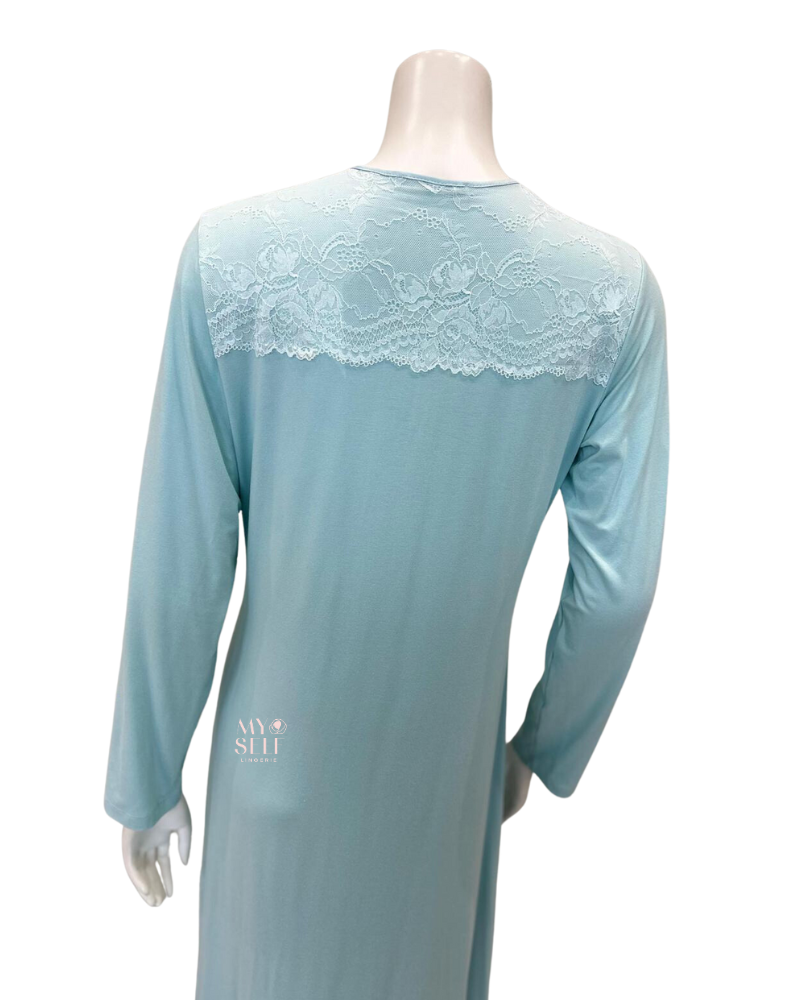 Mari M. 30488 Lace Insert Blue Button Down Modal Nightgown myselflingerie.com