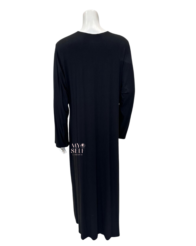 Mari M. 30488 Lace Insert Black Button Down Modal Nightgown myselflingerie.com