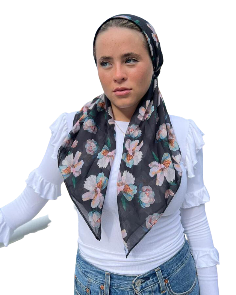 Scarf Bar Ivory Floral on Black Classic Pre-Tied Bandanna with Full Grip myselflingerie.com