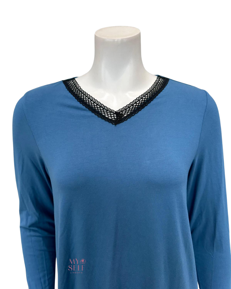 Jackie O'Loungewear NGHTSHRT-PERI Periwinkle V Neck Lace Long Sleeves Modal Nightshirt myselflingerie.com