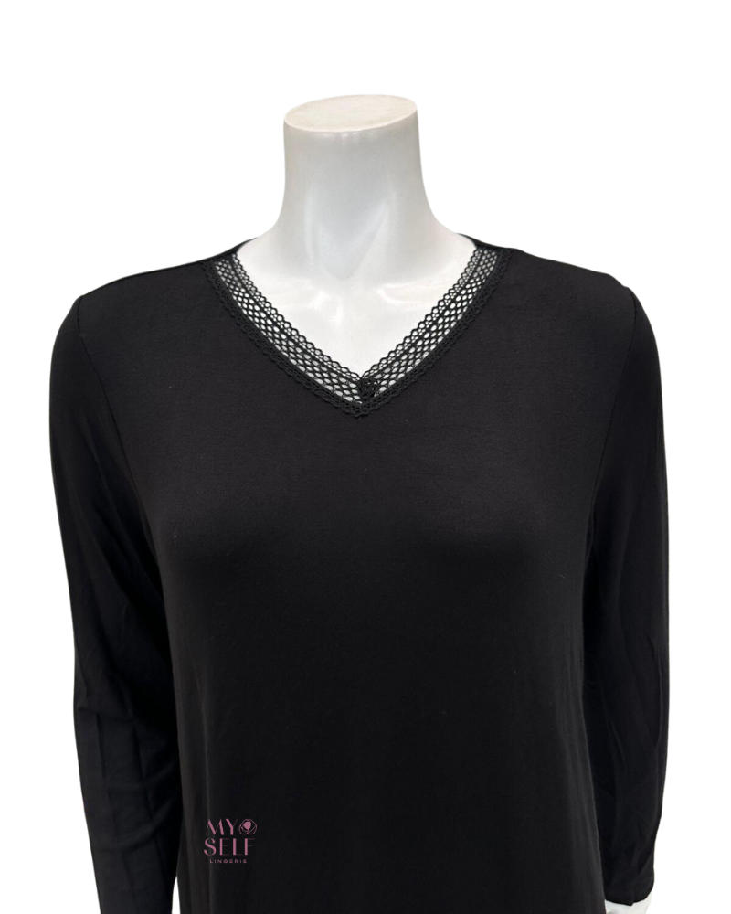 Jackie O'Loungewear NGHTSHRT-BLK Black V Neck Lace Long Sleeves Modal Nightshirt myselflingerie.com